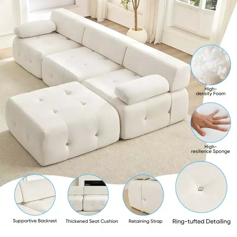 Mjkone Divano componibile a 3 posti a forma di L in velluto con pouf, divani trasformabili con bordo borchiato