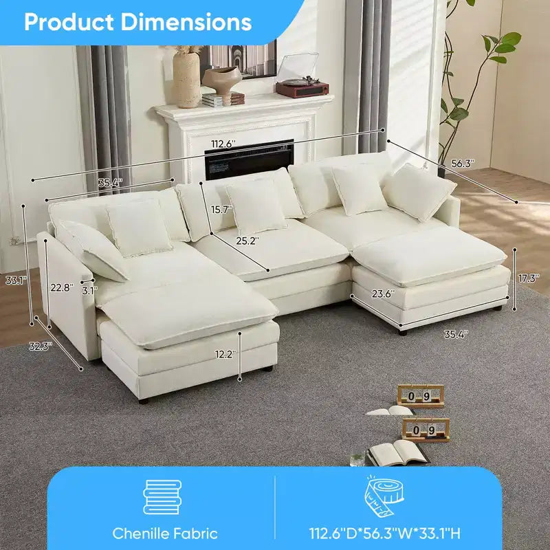 Divano modulare a forma di U Mjkone da 113'', divano a 5 posti modello Cloud con 2 pouf, divano letto moderno in ciniglia con sedute profonde