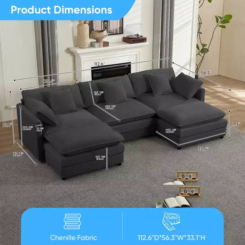 Divano modulare a forma di U Mjkone da 113'', divano a 5 posti modello Cloud con 2 pouf, divano letto moderno in ciniglia con sedute profonde