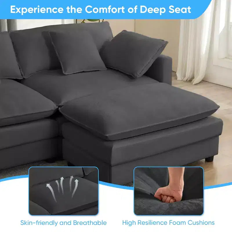 Divano modulare a forma di U Mjkone da 113'', divano a 5 posti modello Cloud con 2 pouf, divano letto moderno in ciniglia con sedute profonde