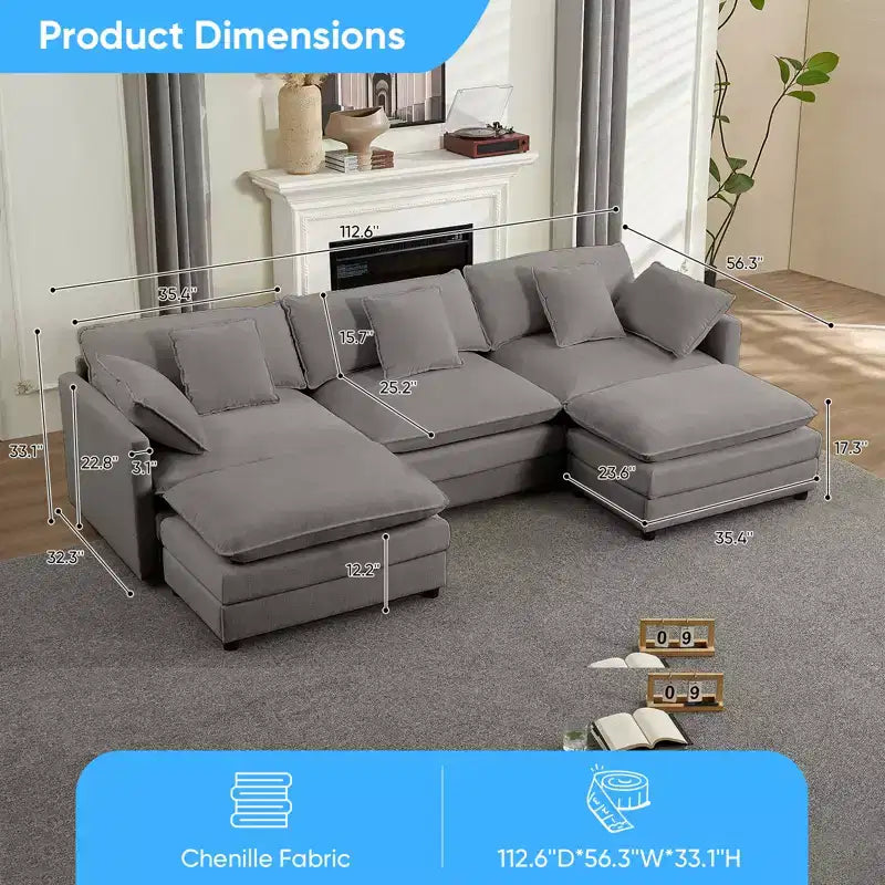 Divano modulare a forma di U Mjkone da 113'', divano a 5 posti modello Cloud con 2 pouf, divano letto moderno in ciniglia con sedute profonde