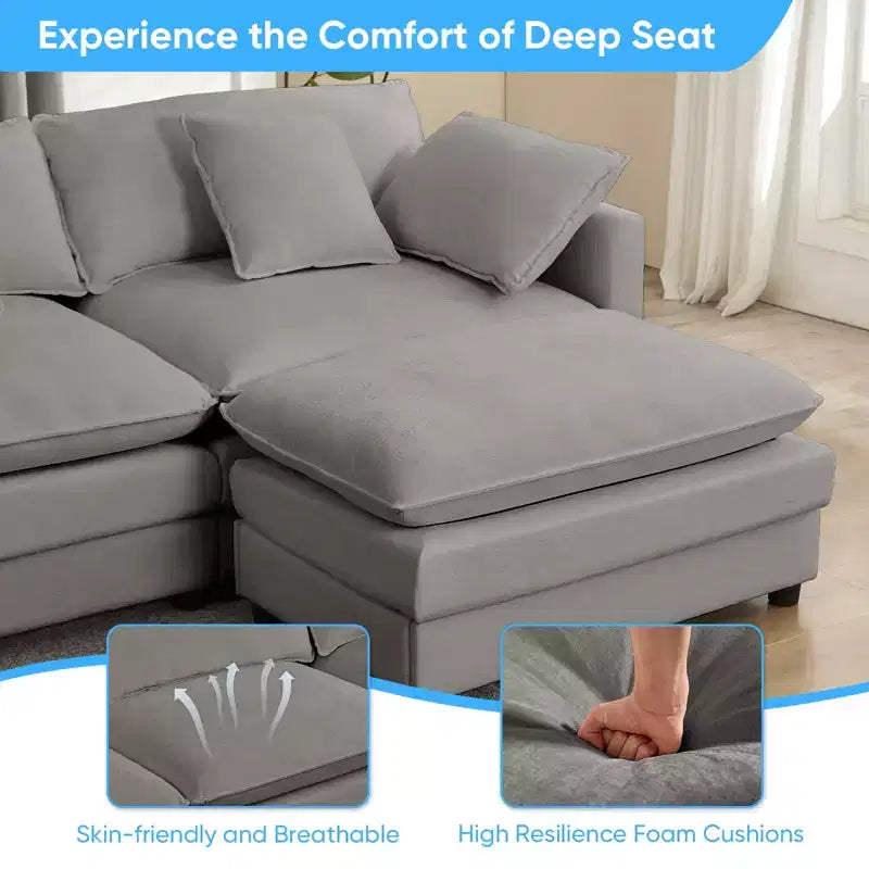 Divano modulare a forma di U Mjkone da 113'', divano a 5 posti modello Cloud con 2 pouf, divano letto moderno in ciniglia con sedute profonde