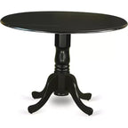 HomeStock Belmont, tavolo rotondo da cucina 42" con due allunghe a ribalta da 9" e quattro sedie Parson con gambe nere e tessuto in lino Shiitake