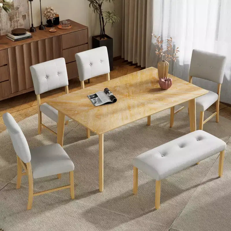 Set da pranzo in legno da 6 pezzi, tavolo rettangolare da pranzo con 4 sedie imbottite e panca