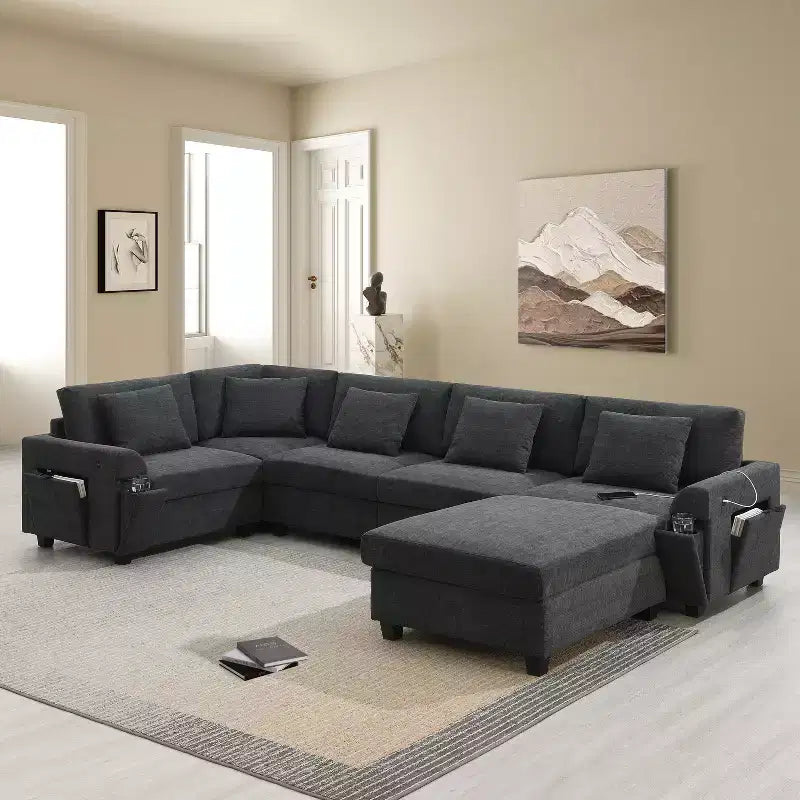 Divano componibile a forma di U in ciniglia, 128*67 pollici, 6 posti, con pouf, vano contenitore, portabicchieri e porte USB