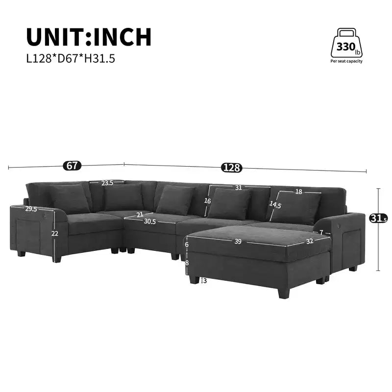 Divano componibile a forma di U in ciniglia, 128*67 pollici, 6 posti, con pouf, vano contenitore, portabicchieri e porte USB