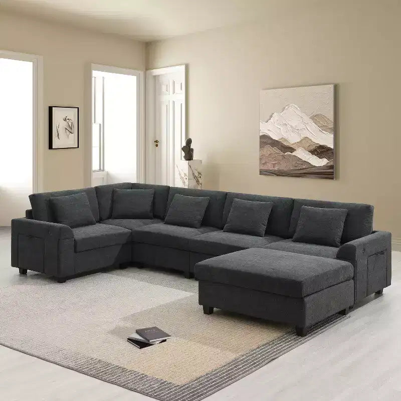 Divano componibile a forma di U in ciniglia, 128*67 pollici, 6 posti, con pouf, vano contenitore, portabicchieri e porte USB
