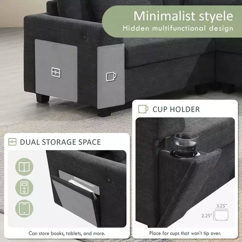 Divano componibile a forma di U in ciniglia, 128*67 pollici, 6 posti, con pouf, vano contenitore, portabicchieri e porte USB