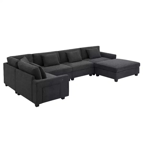 128*67 Inch 6-Seat U-Shaped Chenille Sectional Sofa with Ottoman, Storage, Cup Holders, USB Ports