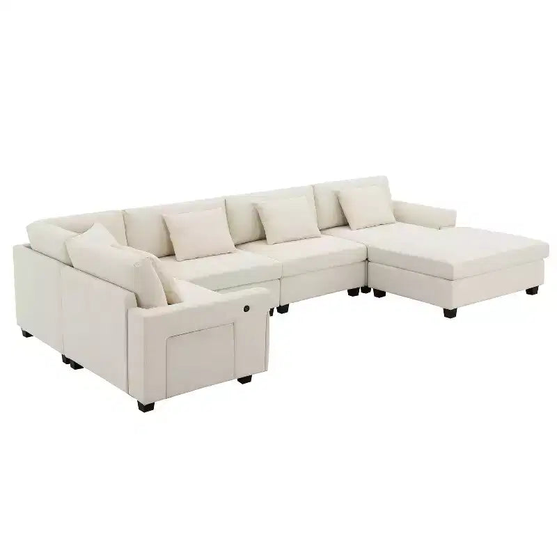 Divano componibile a U in ciniglia da 128*67 pollici a 6 posti con pouf, contenitore, portabicchieri e porte USB