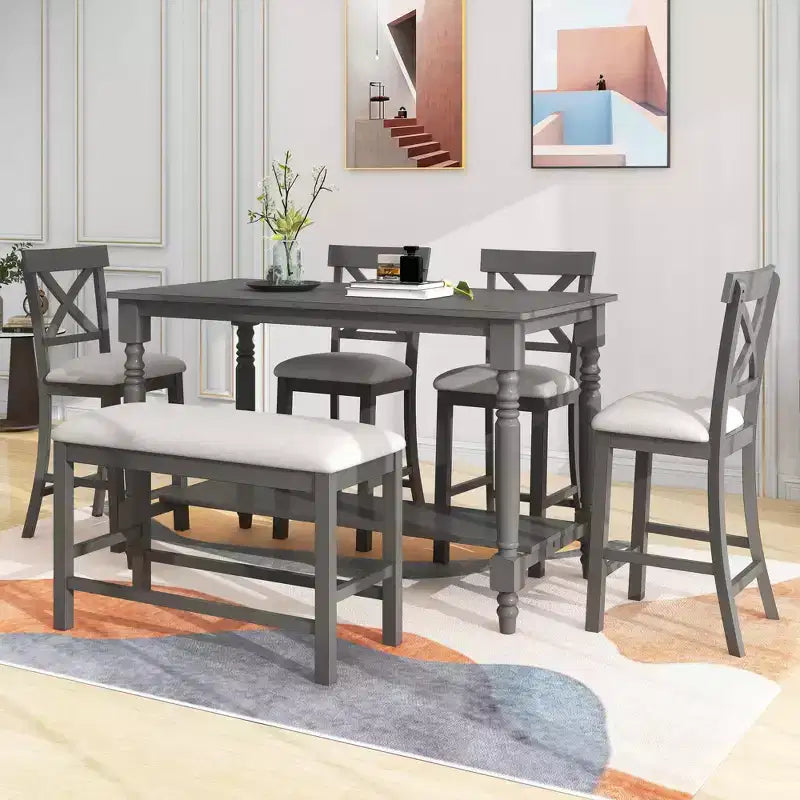 Esszimmertisch-Set im Landhausstil mit Barhöhe für 6 Personen, rechteckiger Tisch mit Ablage sowie 4 Stühlen und Bank