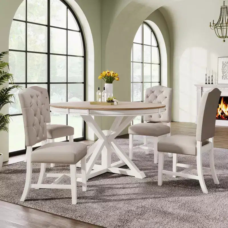 Ausziehbares Esszimmertisch-Set für 4 Personen, runder Holztisch mit 4 gepolsterten Stühlen für die Küche