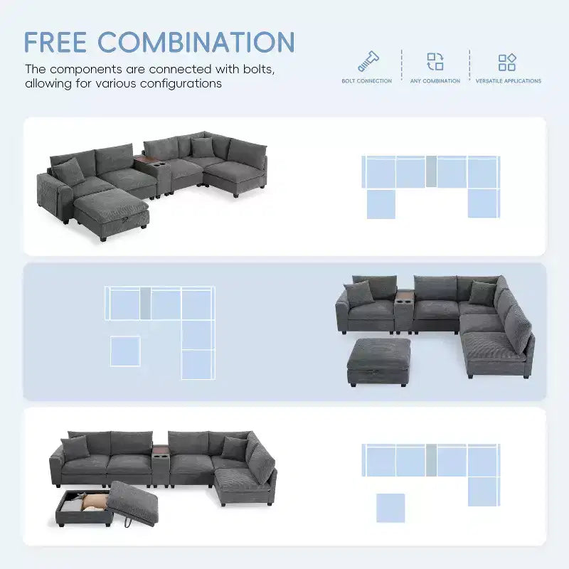 Divano Sezionale Modulare Polibi Oversize 6 Posti a U in Velluto a Coste Multifunzione con Pouf Contenitore