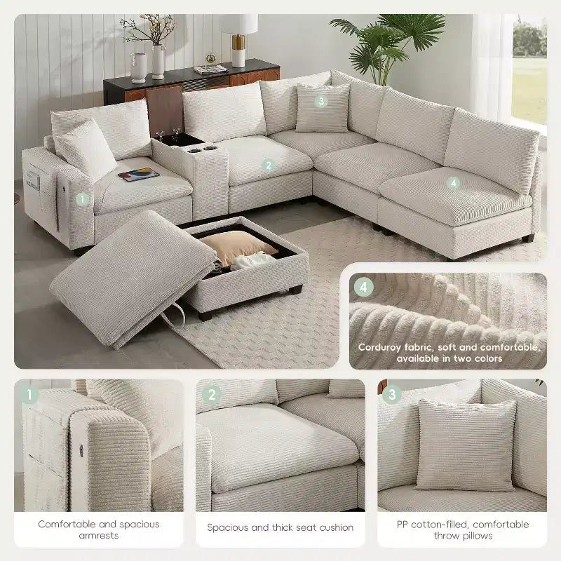 Divano Sezionale Modulare Polibi Oversize 6 Posti a U in Velluto a Coste Multifunzione con Pouf Contenitore