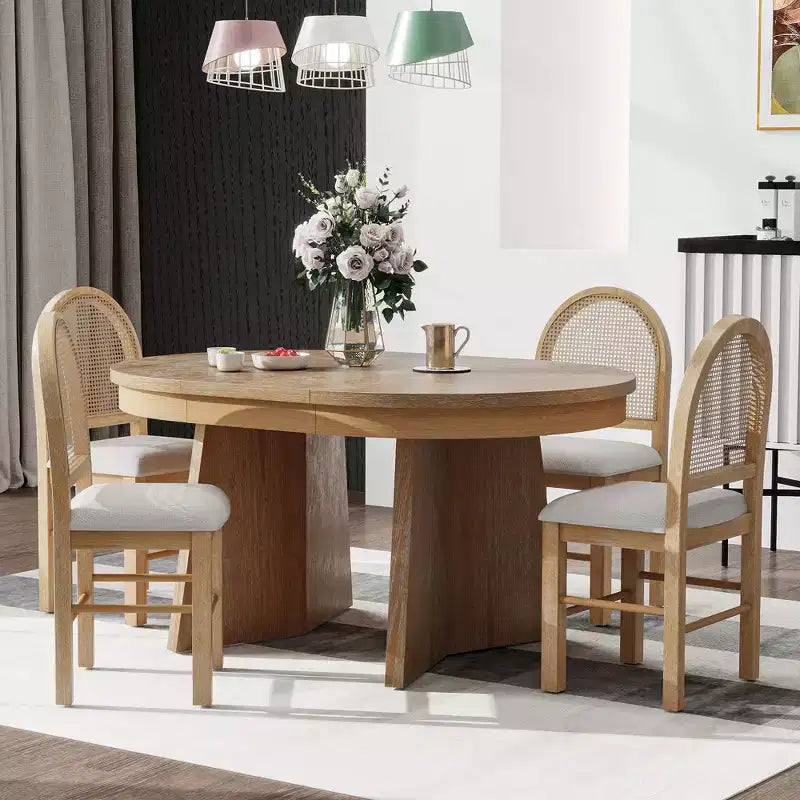 GDFStudio Harper 5-teiliges Esszimmer-Set mit ausziehbarem Tisch und gepolsterten Stühlen mit Rattanlehne