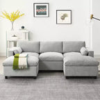 Divano componibile a 5 posti in ciniglia Polibi con due pouf