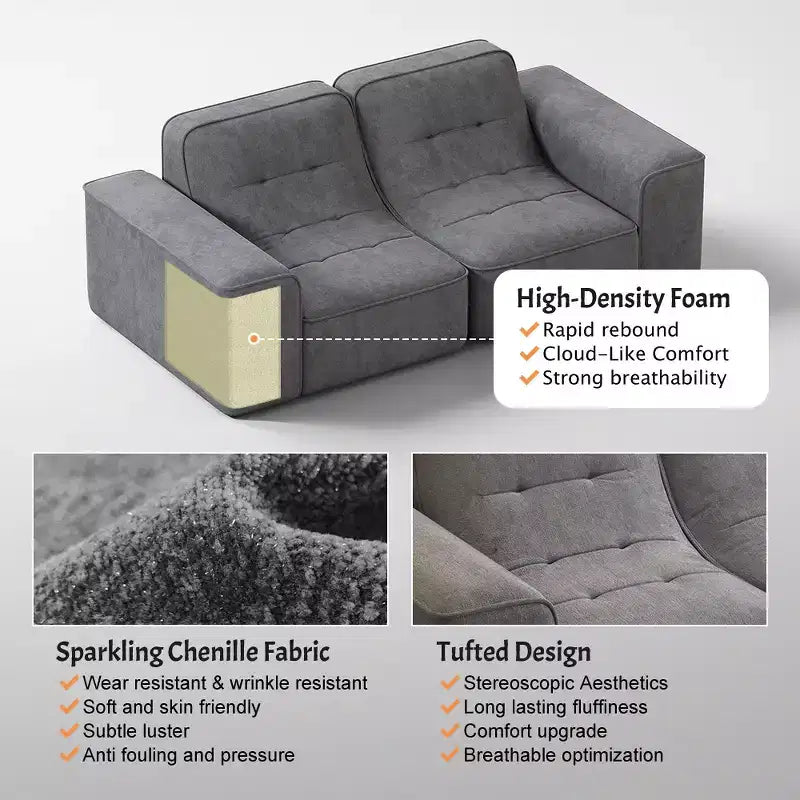 ModernLuxe Divano Sezionale Modulare, Divano a 3/5 Posti Trapuntato Rivestito in Chenille Scintillante Fai da Te con Pouf, Nessun Montaggio