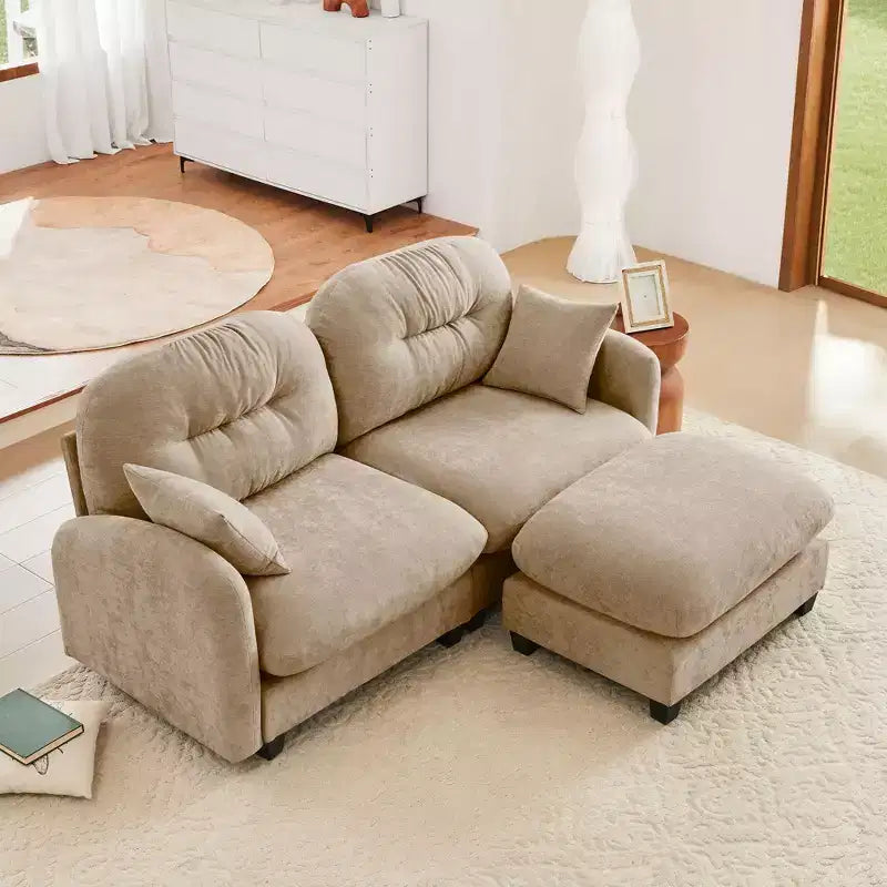 Divano angolare a L Cloud beige 74 con pouf, in morbido tessuto ciniglia e schiuma ad alta densità, per soggiorni