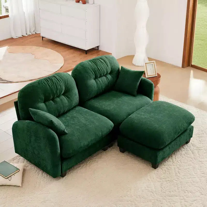 Divano angolare a L Cloud beige 74 con pouf, in morbido tessuto ciniglia e schiuma ad alta densità, per soggiorni