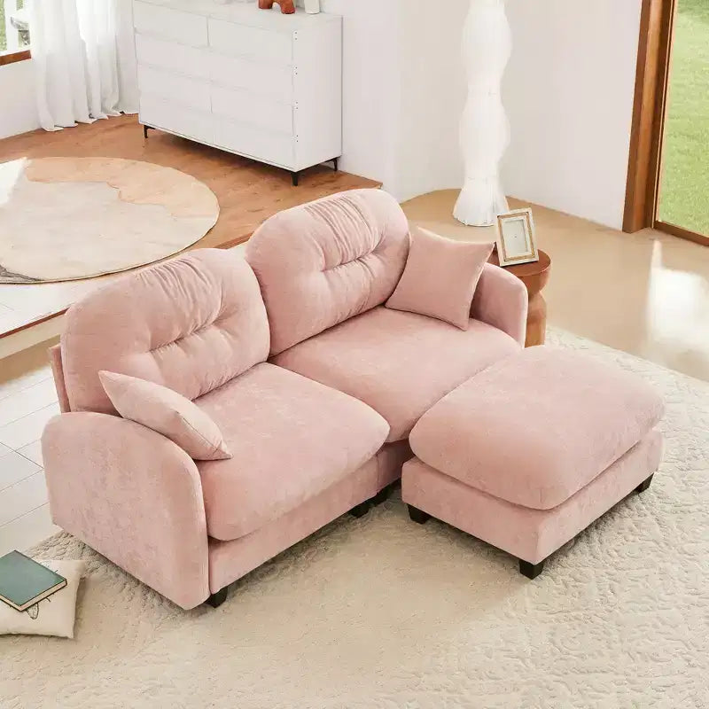 Divano angolare a L Cloud beige 74 con pouf, in morbido tessuto ciniglia e schiuma ad alta densità, per soggiorni