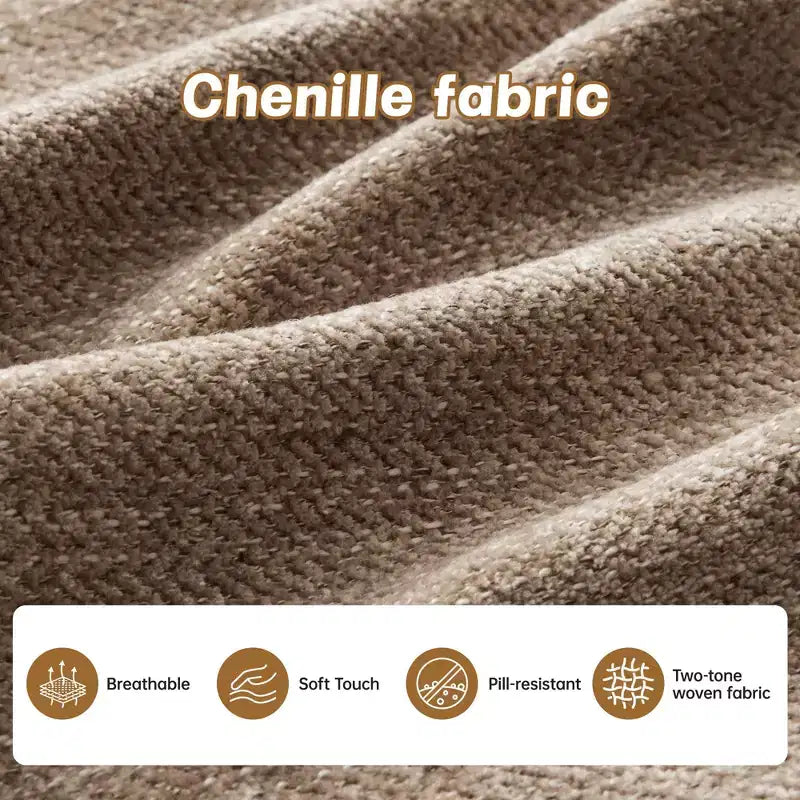 Divano componibile a L a 3 posti in tessuto ciniglia beige con pouf per soggiorno