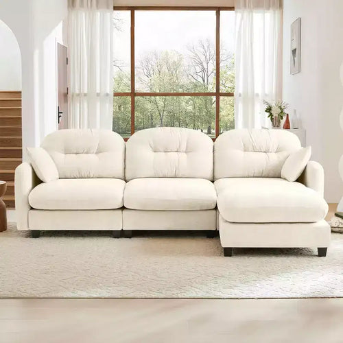 Beiges modulares 3-Sitzer-Ecksofa aus Chenille-Stoff in L-Form mit Hocker für Wohnzimmer