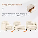 Divano componibile a L a 3 posti in tessuto ciniglia beige con pouf per soggiorno