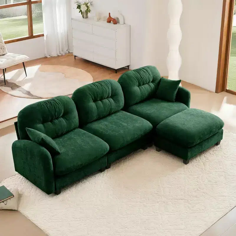 Divano componibile angolare a L beige a 3 posti in tessuto ciniglia con pouf, per soggiorni