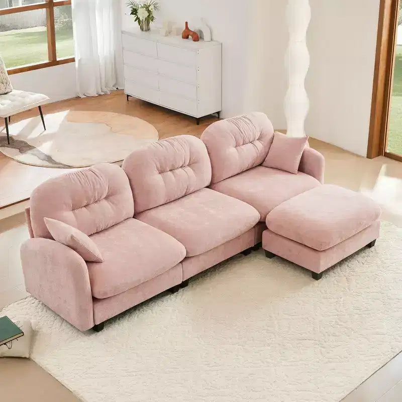 Divano componibile angolare a L beige a 3 posti in tessuto ciniglia con pouf, per soggiorni