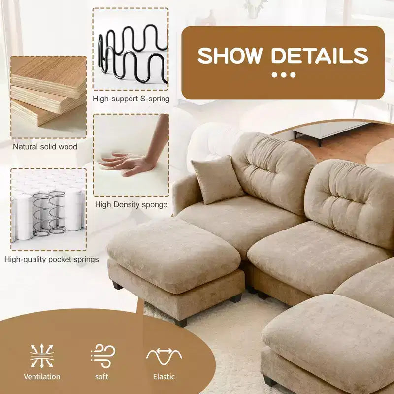 Divano componibile a U a 3 posti beige in ciniglia con 2 pouf e 2 cuscini decorativi per soggiorno