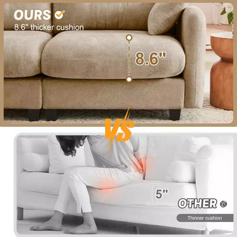 Divano componibile a U a 3 posti beige in ciniglia con 2 pouf e 2 cuscini decorativi per soggiorno
