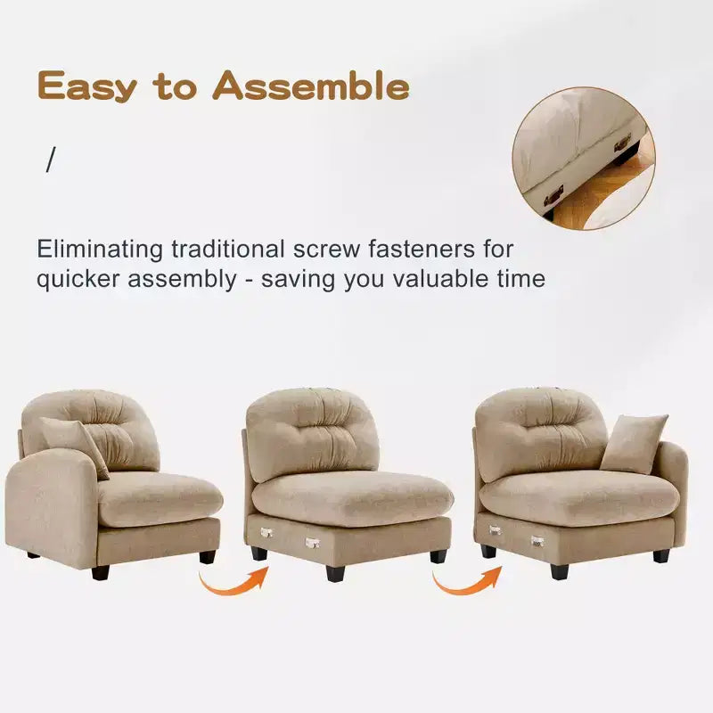 Divano componibile a U a 3 posti beige in ciniglia con 2 pouf e 2 cuscini decorativi per soggiorno