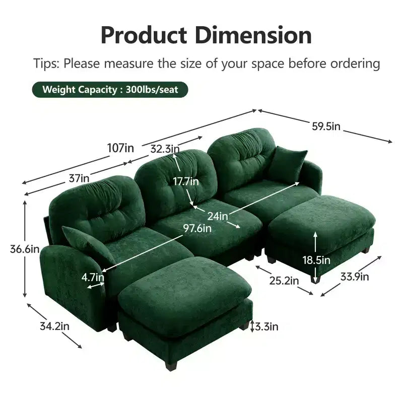 Divano componibile a U a 3 posti beige in ciniglia con 2 pouf e 2 cuscini decorativi per soggiorno