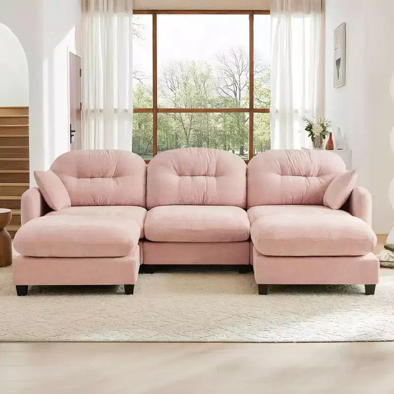 Divano componibile a U a 3 posti beige in ciniglia con 2 pouf e 2 cuscini decorativi per soggiorno