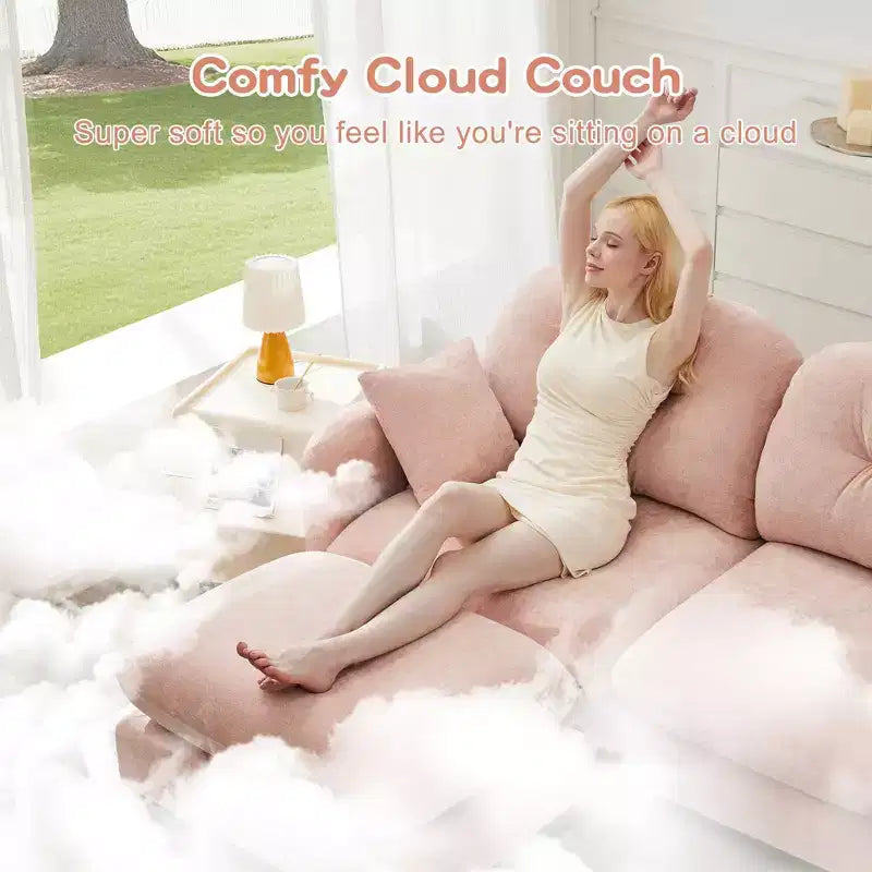 Divano componibile a U a 3 posti beige in ciniglia con 2 pouf e 2 cuscini decorativi per soggiorno