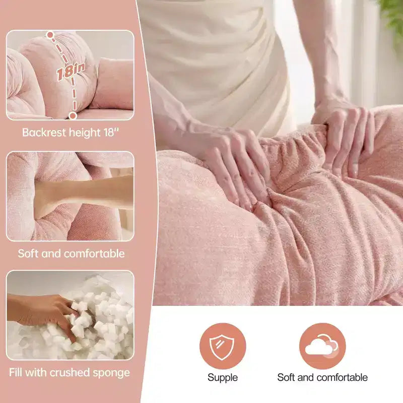 Divano componibile a U a 3 posti beige in ciniglia con 2 pouf e 2 cuscini decorativi per soggiorno