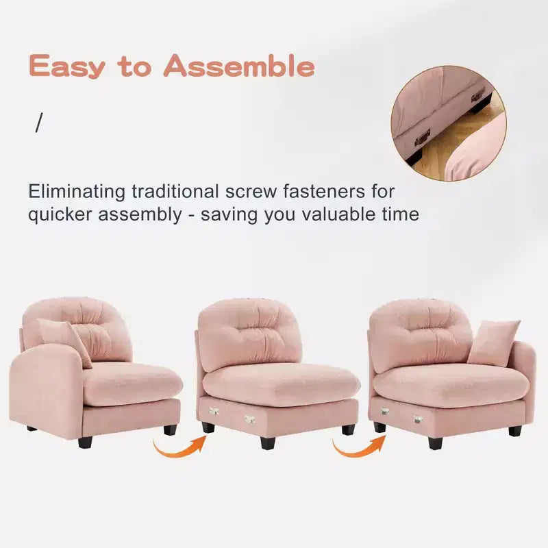 Divano componibile a U a 3 posti beige in ciniglia con 2 pouf e 2 cuscini decorativi per soggiorno