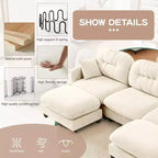 Divano componibile a U a 3 posti beige in ciniglia con 2 pouf e 2 cuscini decorativi per soggiorno