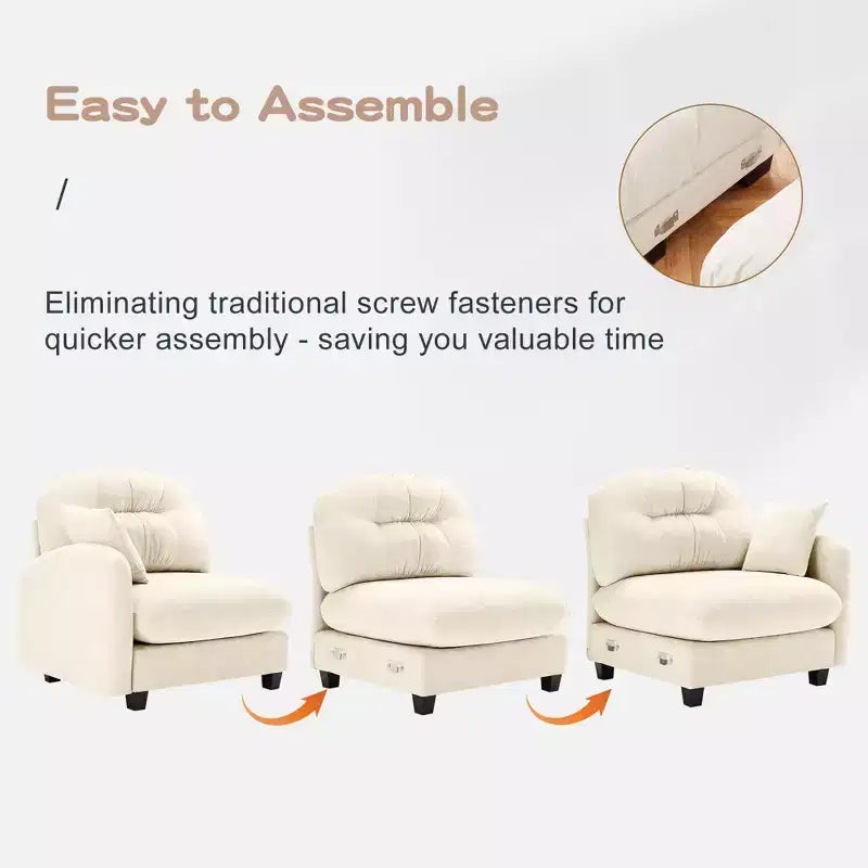 Divano componibile a U a 3 posti beige in ciniglia con 2 pouf e 2 cuscini decorativi per soggiorno