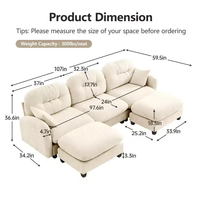 Divano componibile a U a 3 posti beige in ciniglia con 2 pouf e 2 cuscini decorativi per soggiorno