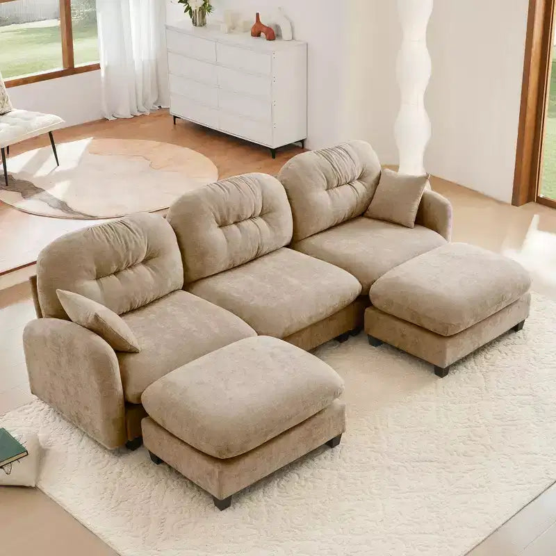 Divano componibile modulare a U in tessuto ciniglia beige, 3 posti, con 2 pouf e 2 cuscini decorativi per il soggiorno