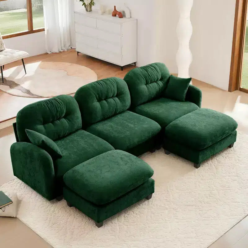 Divano componibile modulare a U in tessuto ciniglia beige, 3 posti, con 2 pouf e 2 cuscini decorativi per il soggiorno