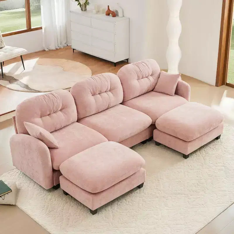 Divano componibile modulare a U in tessuto ciniglia beige, 3 posti, con 2 pouf e 2 cuscini decorativi per il soggiorno