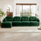 Divano componibile a L in ciniglia beige con pouf e base in legno di alta qualità per salotti