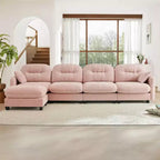Divano componibile a L in ciniglia beige con pouf e base in legno di alta qualità per salotti
