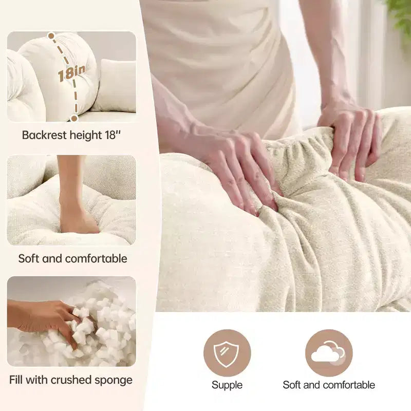 Divano componibile a L in ciniglia beige con pouf e base in legno di alta qualità per salotti