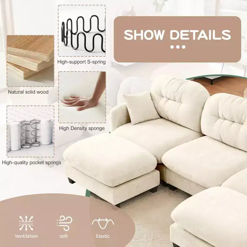 Divano componibile a L in ciniglia beige con pouf e base in legno di alta qualità per salotti