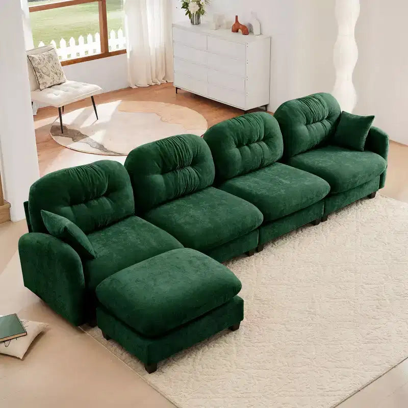 Divano componibile modulare beige a L in tessuto di ciniglia con pouf e base in legno di alta qualità per soggiorni