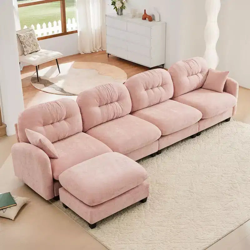 Divano componibile modulare beige a L in tessuto di ciniglia con pouf e base in legno di alta qualità per soggiorni