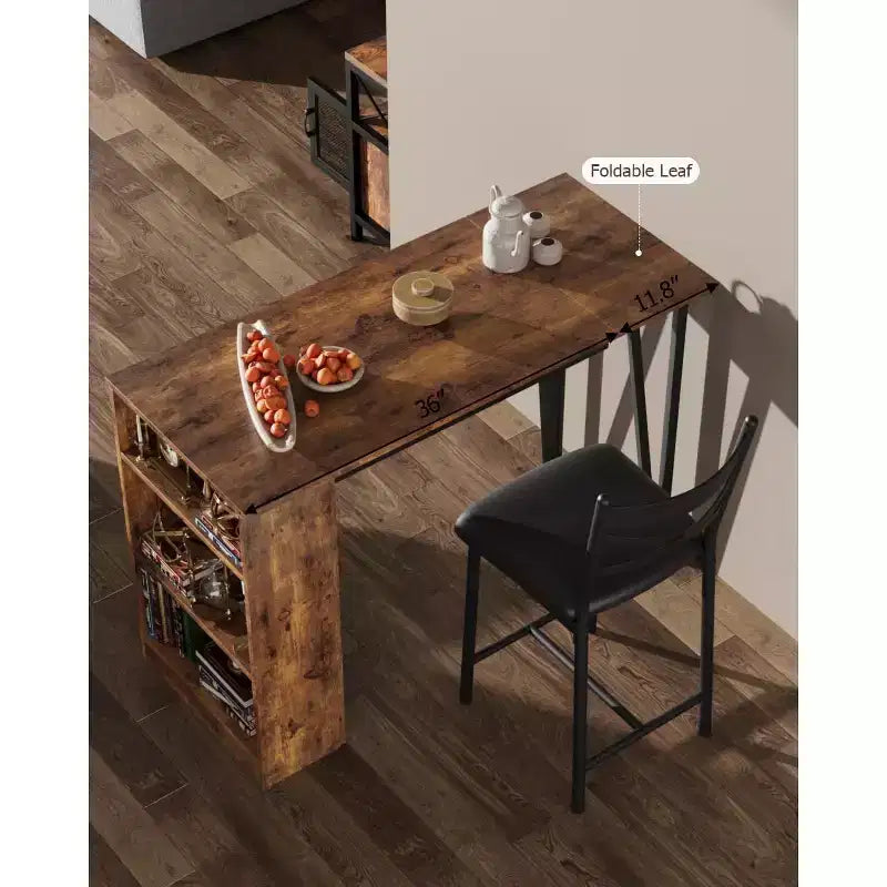 Set da Tavolo da Bar a 3 Pezzi per 2 Persone, Set Tavolo da Bar e Sedie con Estensione a Ribalta, Set da Pranzo con Ripiani Portaoggetti, Adatto per Piccoli Spazi